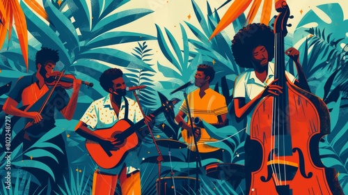 A band of four black men playing music in a jungle. The instruments are a violin, a guitar, a saxophone and a double bass.