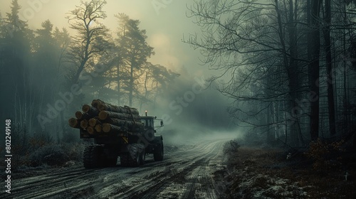 Majestic timber hauler transports a heavy load through a foggy woodland road, manifesting a sense of raw strength and solitude
