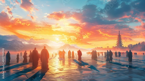 A crowd of monks walking towards a temple at sunset