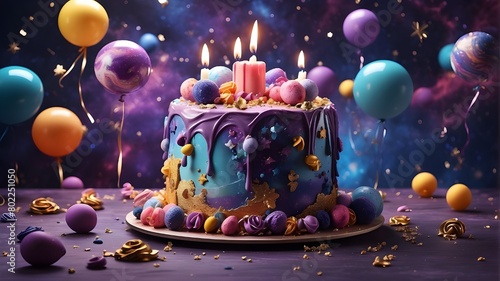 "Artistic image depicting a birthday cake with a galaxy theme, accompanied by balloons on a solid galaxy purple background. The cake should be adorned with cosmic elements like stars, galaxies, and ce