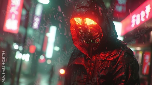 The image shows a person wearing a protective suit with a glowing red visor