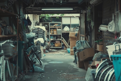 Cluttered and disorganized garage interior