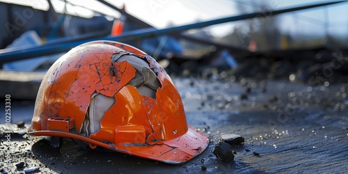 Fractured orange safety helmet lying on the ground, depicting potential workplace danger or injury