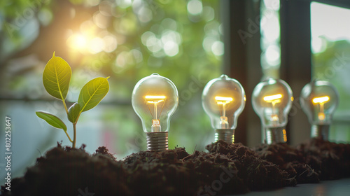 Light Bulbs and Young Plant Growing in Soil, Conceptual Sustainability