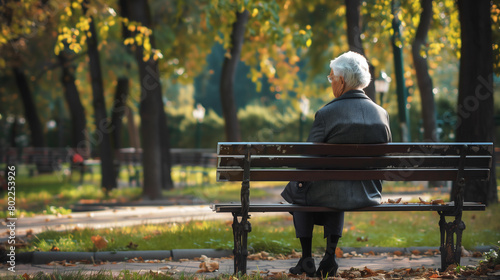 公園のベンチに座るシニア女性
