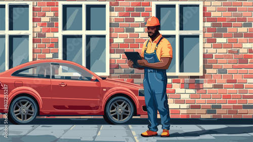 African-American car mechanic with tablet computer ne
