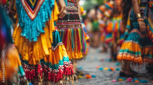 A group of people in colorful traditional dresses are dancing on the street during a festival.