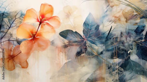 Abstract Floral background with Soft Blending of Orange Flowers and Blue Leaves.