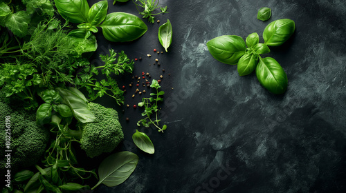 Fresh Herbs and Spices on Dark Slate Background for Culinary Concepts