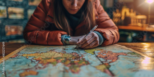 A woman is writing on a map with a pen