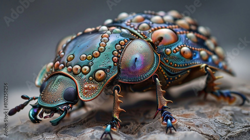 The image shows a beautiful and unique bug with a shiny, gem-like exoskeleton in shades of blue, green, and purple