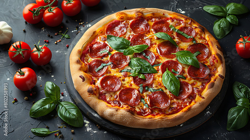 Tasty fresh pepperoni pizza with cooking ingredients tomatoes basil. Italian food background