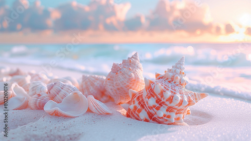 Beautiful paster colored seashells on the beach with cloudy sky