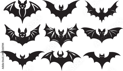 Silhouette of flying bat traditional Halloween symbol set.