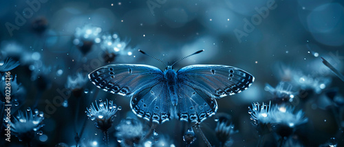 Night Mothlike butterfly under moonlight, silvery blue tones