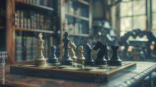 A serene scene of a chess board in a cozy library, its intellectual setting and focused players highlighting the game's connection to knowledge and learning on International Chess Day.