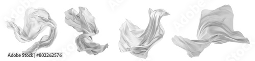 Collection set of white silk satin cloth fabric floating flying in the air on transparent background cutout, PNG file. Mockup template for artwork graphic design