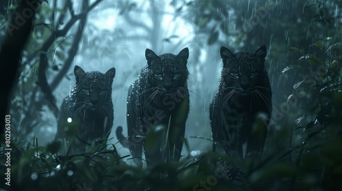 Trio of wild cats prowling in the misty jungle, the environment bathed in a ghostly silver light, tense and ominous.