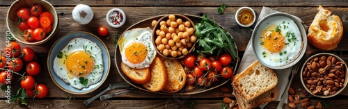 Rustic Family Brunch: Delicious Breakfast Spread on Wooden Table - Overhead View with Copy Space
