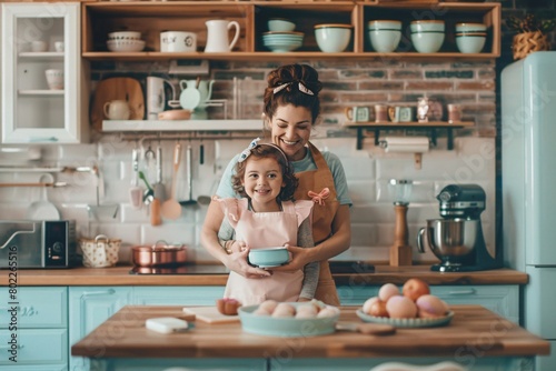 Mother and daughter having fun learning to cook in the kitchen. Generative Ai