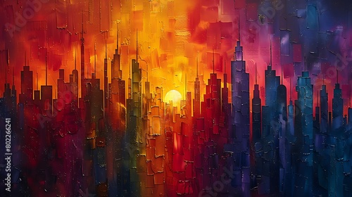 Explore an artistic skyline where the abstract cityscape is formed by a complex network of vertical and horizontal lines.