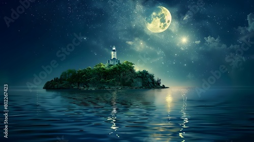 Illuminated lighthouse in the middle of the sea with moon and stars at night. AI