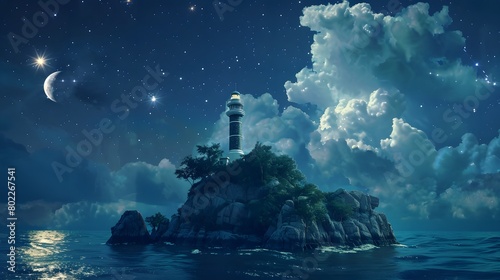 Illuminated lighthouse in the middle of the sea with moon and stars at night. AI