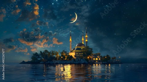 Illuminated mosque in the middle of the sea with moon and stars at night. AI Generative