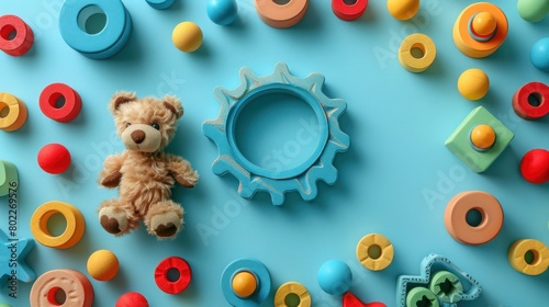 Colorful Educational Toy Frame with Teddy Bear for Kids - Top View Flat Lay on Light Blue Background