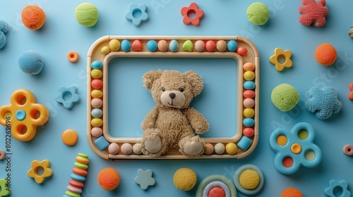 Colorful Educational Toy Frame with Teddy Bear for Kids - Top View Flat Lay on Light Blue Background