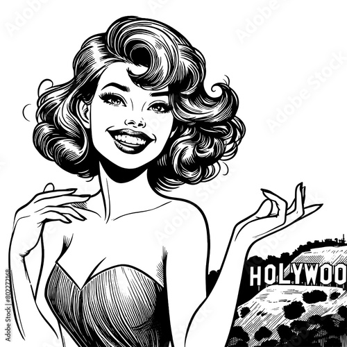 glamorous classic Hollywood starlet with the iconic Hollywood sign in background sketch engraving generative ai fictional character PNG illustration. Scratch board imitation. Black and white image.