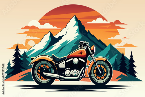 A motorcycle is parked in front of a mountain range