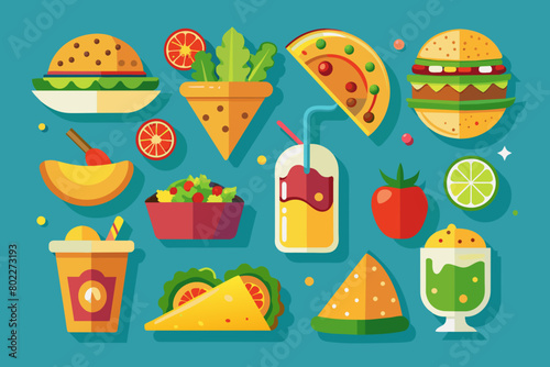 Una colección de íconos vectoriales planos que presentan platos populares del Cinco de Mayo: tacos, burritos, guacamole, churros, enchiladas y margaritas, ideales para menús o sitios web de restaurant