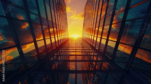 Birdseye panorama of a skyscraper silhouette against a sunset, emphasizing the buildings glass facade, ideal for real estate advertisements,