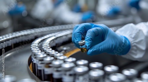 A scientist inspecting vials in a pharmaceutical manufacturing line