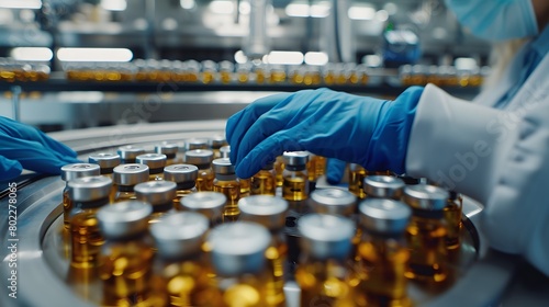 A technician inspects vials in a pharmaceutical manufacturing facility