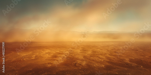 Epic sandstorm sweeps over undulating desert dunes, creating a hazy, ominous atmosphere across the horizon.