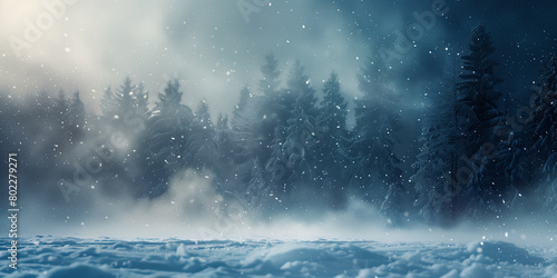 A magical snowy scene with soft snowflakes falling through the crisp air, dusting a dense evergreen forest under a mystical winter sky.