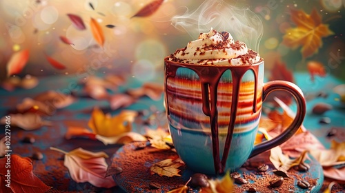 A vibrant, steaming mocha in a colorful ceramic cup, chocolate drizzle art on top, set against a cozy autumn background with falling leaves and warm-toned