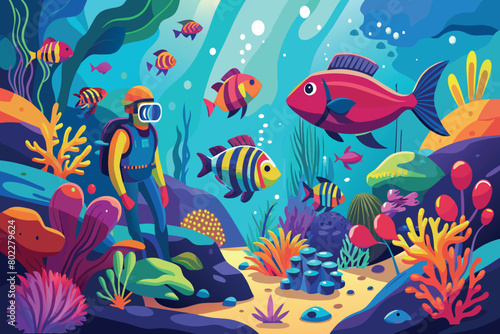 A colorful underwater scene with a man in a scuba suit looking at the fish