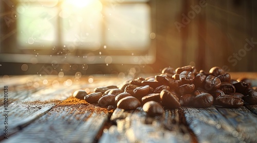 Roasted coffee beans on a rustic wooden table, morning sunlight casting soft shadows. The warm, inviting setting emphasizes quality and natural origin