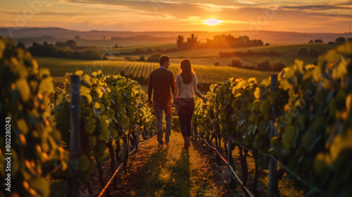 Young couple on beautiful vineyard, sunset
