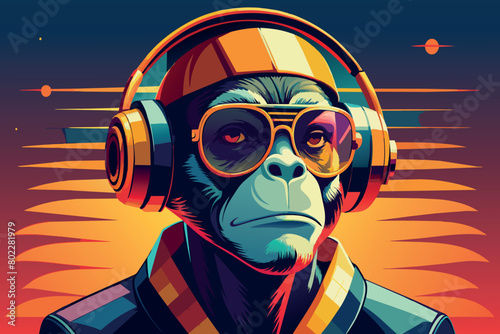 A monkey wearing headphones and sunglasses is the main subject of the image