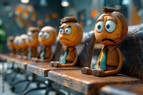 Stylized, animated characters with oversized heads appear to wait impatiently on a bench