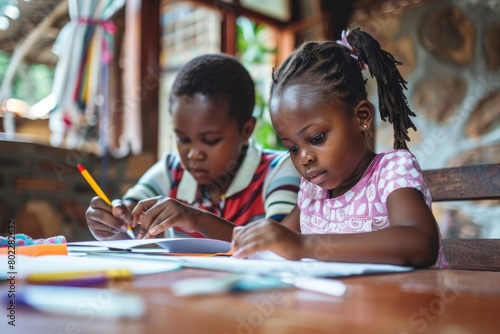 Home education for black child. Learning with sister during coronavirus, Generative AI