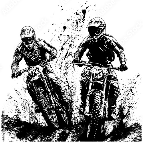 motocross riders in a race on dirt bikes splashing mud, isolated 