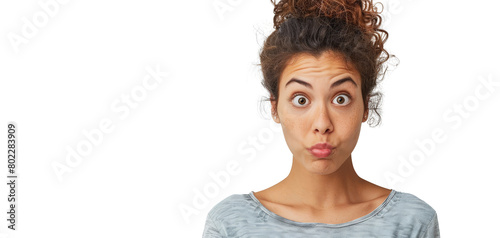 A surprised young woman with curly hair pulled up, wide eyes, and pursed lips, wearing a gray striped shirt against a white background.