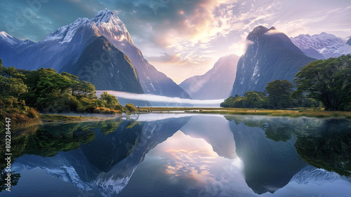 A tranquil lakeside landscape surrounded by mountains, with a mirrored reflection of the snow-capped peaks in the calm waters, creating a serene and picturesque mountain scene