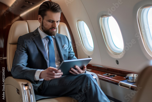 Businessman in suit using tablet in airplane during business trip. Shallow depth of field