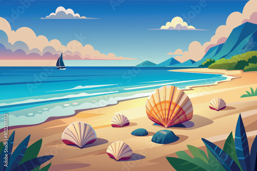 A beach scene with a sailboat in the distance and a few shells on the sand